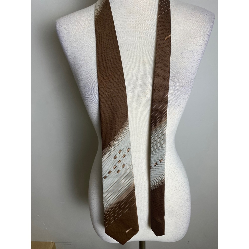 Vintage St Michael Mens Tie Brown Cream Striped 70s Retro Polyester Made in UK